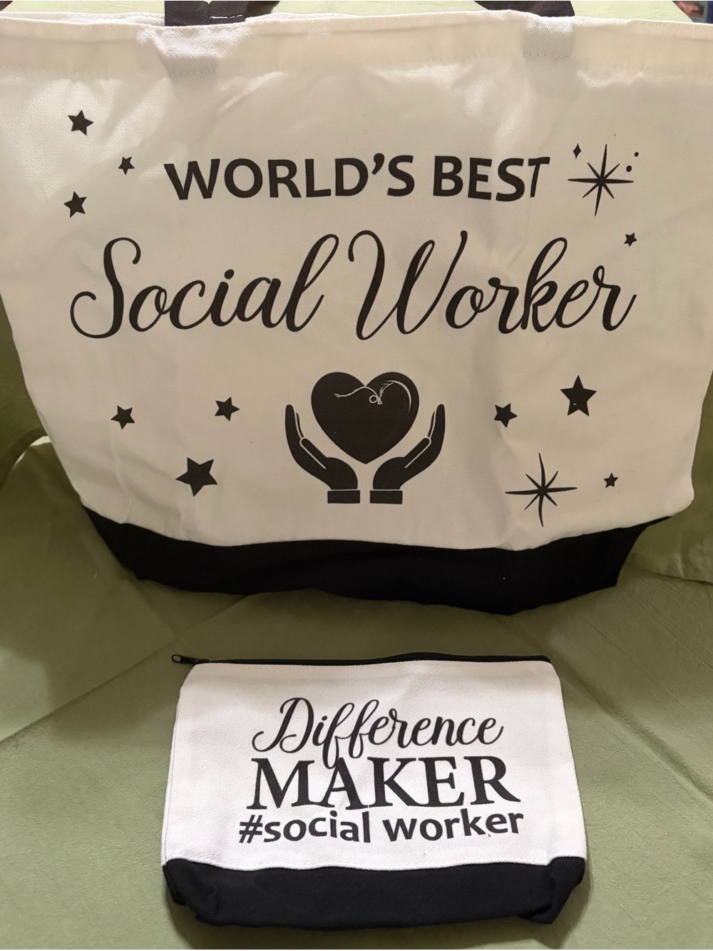 NWOT World's Best Social Worker Canvas Tote & Pouch Set - Black & White